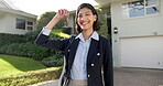 Woman, face and realtor by home with keys, sales representative and offer for residential purchase. Real estate agent, keyring and happy at house for investment with opportunity for property access