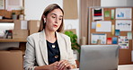 Logistics, laptop and woman in startup on video call with boxes, earpods and supplier interview. Shipping, tech and happy business person for dropshipping, supply chain and distribution communication