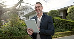Smile, man or real estate agent with tablet by house, residential property management or development. Face, happy mature person or realtor with tech for home sale, listing or about us outdoor