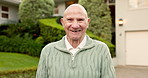 Face, old man and smile in nature for travel, peace and weekend break for fresh air at house. Portrait, senior person or happy in front yard for calm morning, good mood and retirement in neighborhood