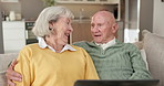 Finance, discussion or old couple in home with laptop, loan option or bonding in investment research. Happy, digital and senior people with tech, credit review and planning together on pension fund.