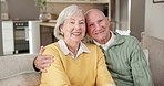 Senior, face and relax with couple on sofa for retirement, pension or old age home together. Portrait, elderly man and woman with smile, hug or love for holiday comfort or weekend break in house