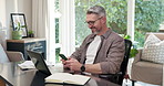 Smile, remote work and man with phone in home office for post, business notification or networking. Mobile, mature person and freelancer typing text for communication, chat app and funny message