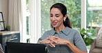 Freelancer, video call and happy woman with laptop in house, earphones and online coach with advice. Remote work, business advisor and mature person with tech, talk and virtual meeting in home office