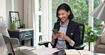 Remote work, phone and woman in home office for reading funny post, notification or account update. Mobile, happy person and freelancer typing text for investment feedback, chat app and online meme