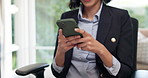 Hands, phone or woman in office for social media, funny post or business notification for networking. Mobile, person and worker typing text for communication, chat app and laughing with online humor