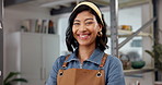 Pottery, face and woman in workshop with smile, clay artist and about us in creative industry. Portrait, happy and artisan with confidence, craftsman career and pride as handmade ceramic designer.