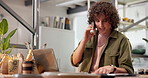 Pottery, talking and man on a phone call for business, planning and ceramic order for custom design. Startup, studio and person on tech for contact, discussion and orders for artisan clay product