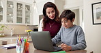 Homework, laptop and child in home with mom for remote learning, virtual class and support lesson. Family, mother and help with boy on computer for online assessment, internet education and knowledge