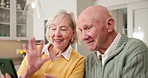 Elderly, couple and wave with phone for video call, online conversation or virtual chat in kitchen. Happy, senior man and woman talking with smile, app or technology for discussion or communication