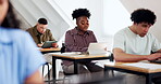 University student, research and woman with tablet in classroom, education and studying for project. College, notes and people with tech, knowledge and planning for assignment with info on website