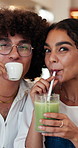 Happy, face and couple in coffee shop with drinks, bonding together and connection on weekend break. Customer, people and date at cafe with matcha, espresso and relax with partner for relationship.