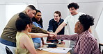 College, group and hand stack with friends, education and solidarity for academic growth or support. University, knowledge and happy people with scholarship, cheering and students with motivation