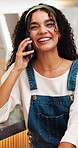Network, conversation or happy woman with phone call for social media or communication in cafe. Female person, chatting or typing with smile on technology for mobile discussion, connection or texting