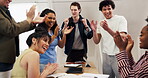 Applause, team or excited in office for creative award recognition, exclusive scoop or viral story. Laugh, journalist and people with clap for evidence breakthrough, trending article and celebration