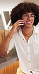 Happy, man and conversation in cafe with phone call, internet connection and gossip story on weekend. Person, relax and discussion in coffee shop with mobile tech, contact and good mood for wellness.