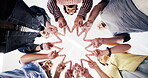 College, hands and star with friends, education and solidarity for academic development and support. University, low angle and happy people with scholarship, knowledge and students with motivation