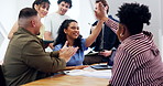 Success, high five and team in office with applause, ad growth and good news on creative pitch. Happy, people and marketing group with laptop, proposal approval or positive feedback on brand campaign