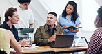 University, education and group with laptop, advice and planning for assignment and study together. College students, learning and people with tech, discussion and exam preparation with research