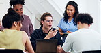 University, education and group with laptop, discussion and planning for project and study together. College students, talking and happy people with tech, learning and exam preparation with research