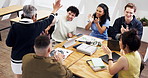 Meeting, applause and happy people with high five in office for winning, achievement or good news. Team, employees or colleagues clapping with smile for business success or celebration in workplace