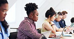 Typing, students and woman with laptop in university lecture hall, education and scholarship. Technology, person and study opportunity at college with research, academic class or learning for future.