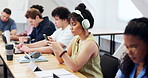 Phone, students and woman with music in college lecture hall, education and scholarship. Headphones, person and study opportunity at university with tech, academic class or learning for future.