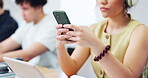 Phone, students and hands of woman tying in university lecture hall, education and scholarship. Headphones, person and study opportunity at college with tech, academic class or learning with research
