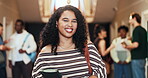 Hallway, face and woman with smile, education or laughing with scholarship for academic development. Confident, portrait and happy person with book, knowledge and study opportunity in university