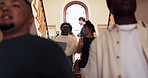 College, students and walk on stairs with friends, conversation or learn for higher education degree. Flare, women and group on steps for university class, bonding and discussion for academic course.