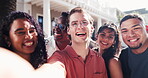 Selfie, face and friends at college with laugh for social media, memory and hangout on campus. Happy, portrait and students with photo, picture and post for education, learning or break at university