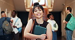 Face, student and woman on university campus with tablet, smile and study opportunity for education. Happy, person and tech with college scholarship for learning, knowledge and positive attitude.