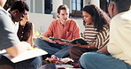 College, tablet and students outdoor for studying, learning and talking for exam prep together. University, campus and friends with textbooks, tech and chat for education, assignment or group project