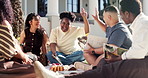 College, tablet and students high five for studying, learning and talking for exam prep together. University, campus and friends with textbooks, answer and chat for education, quiz and group project