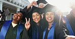 Students, graduation and face on campus for selfie, excited and picture for academic achievement. People, POV and photography at university event with flare, learning success and memory for yearbook