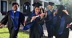 Walk, friends and happy at graduation for diploma qualification, degree completion and pride. Cap, people or excited with certificate on campus for masters ceremony, education goals or graduate class