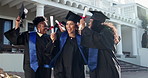 Walk, friends and excited at graduation for diploma qualification, degree completion and pride. Cap, people or happy with certificate on campus for masters ceremony, education goals or graduate class