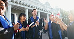 Excited, friends or applause at graduation for diploma, success or high five for degree completion. Cheering, people or clap with scroll outdoor for collective achievement, ceremony or graduate class