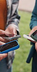 College student, online and hands with phone, education and study with research on social media app. University, knowledge and people with mobile, outdoor and typing message on web and communication