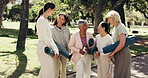 Relax, instructor or laugh at park with yoga class, exercise cool down or joke for healthy aging. Mat, happy mature women or yogi coach outdoor for hydration break, funny workout rest or fitness club