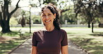 Fitness, face and woman at park with smile for wellness, active lifestyle or self care for wellbeing. Ready runner, happy mature person and outdoor for exercise break, health habit and portrait