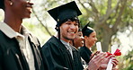 Face, man and student with applause at graduation, speech and celebration of degree completion. People, cheering and graduate outdoor with portrait, university recognition and educational milestone