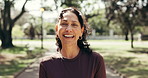 Fitness, face and woman outdoor with laugh for wellness, active lifestyle or self care for wellbeing. Ready runner, happy mature person and smile at park for exercise break, health habit and portrait