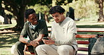 Phone, nurse and happy with students in park for medical entrance exam, result and support. Healthcare college, success and study schedule with men outdoor for online portal and doctor trainee