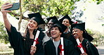 Excited, friends and diploma selfie for graduation, degree completion or ceremony memory with pride. People, graduate class or photo with qualification scroll, online post or happy for shared success