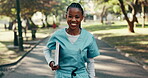 Nurse, face and woman with smile, outdoor and confident for career opportunity and health services. Medical student, portrait and black person with books, happiness or healthcare on university campus