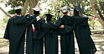 Back, students and hug with diploma at graduation, farewell and celebration of degree completion. People, embrace and graduate outdoor with regalia, university recognition and educational milestone