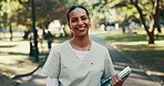 Nurse, face and woman with pride, outdoor and confident for career opportunity and health services. Medical student, portrait and happy person with books, laugh and healthcare on university campus