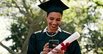 Diploma, girl and phone with texting for graduation announcement, share news or degree completion. Scroll, happy graduate or mobile on campus for congrats message response, online post or achievement