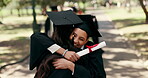 Diploma, friends and smile with hug for graduation pride, shared achievement and degree completion. Excited, girls and embrace with certificate for campus ceremony, celebration and academic milestone